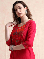 Load image into Gallery viewer, Red Vetican Silk Solid Hand work A-line Kurti, Pant and Dupatta Set