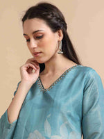 Load image into Gallery viewer, Sky Blue Tissue Shimmer Digital Printed Hand work A-line Kurti, Pant and Printed dupatta Set