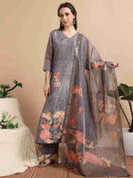 Load image into Gallery viewer, Grey Tissue Shimmer Digital Printed Hand work A-line Kurti, Pant and Printed dupatta Set