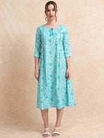 Load image into Gallery viewer, Blue Slub Cotton Floral Printed A-Line Kurti