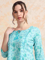 Load image into Gallery viewer, Blue Slub Cotton Floral Printed A-Line Kurti