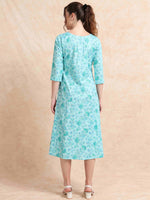 Load image into Gallery viewer, Blue Slub Cotton Floral Printed A-Line Kurti