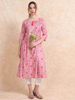 Load image into Gallery viewer, Pink Slub Cotton Floral Printed A-Line Kurti