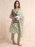 Load image into Gallery viewer, Sage Green Cotton Printed Straight Kurti, pant and Printed Dupatta