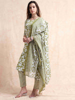 Load image into Gallery viewer, Sage Green Cotton Printed Straight Kurti, pant and Printed Dupatta