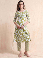 Load image into Gallery viewer, Sage Green Cotton Printed Straight Kurti, pant and Printed Dupatta