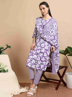 Load image into Gallery viewer, Orchid Purple Cotton Printed Straight Kurti, pant and Printed Dupatta