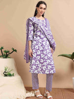 Load image into Gallery viewer, Orchid Purple Cotton Printed Straight Kurti, pant and Printed Dupatta
