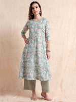 Load image into Gallery viewer, Sage Green lychee Silk Floral Printed Flair Kurti, Pant and Printed Dupatta