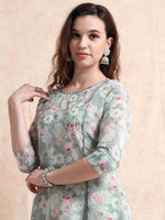 Load image into Gallery viewer, Sage Green lychee Silk Floral Printed Flair Kurti, Pant and Printed Dupatta
