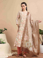 Load image into Gallery viewer, Beige lychee Silk Floral Printed Flair Kurti, Pant and Printed Dupatta