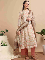 Load image into Gallery viewer, Beige lychee Silk Floral Printed Flair Kurti, Pant and Printed Dupatta