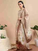 Load image into Gallery viewer, Beige lychee Silk Floral Printed Flair Kurti, Pant and Printed Dupatta
