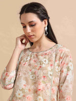 Load image into Gallery viewer, Beige lychee Silk Floral Printed Flair Kurti, Pant and Printed Dupatta