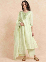 Load image into Gallery viewer, Pista Green Lychee Silk Floral Printed Anarkali Kurti, Pant and Designer Dupatta