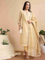 Load image into Gallery viewer, Yellow Tissue Silk Handloom Woven A-Line Kurti, Pant and Dupatta Set