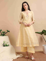 Load image into Gallery viewer, Yellow Tissue Silk Handloom Woven A-Line Kurti, Pant and Dupatta Set