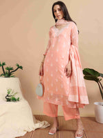 Load image into Gallery viewer, Peach Banarasi Chanderi Handloom woven A-Line Kurti, Pant and Dupatta Set