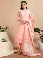 Load image into Gallery viewer, Peach Banarasi Chanderi Handloom woven A-Line Kurti, Pant and Dupatta Set
