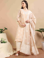Load image into Gallery viewer, Light Orange Chanderi Handloom woven A-Line Kurti, Pant and Dupatta Set
