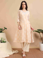 Load image into Gallery viewer, Light Orange Chanderi Handloom woven A-Line Kurti, Pant and Dupatta Set