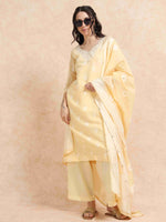 Load image into Gallery viewer, Yellow Chanderi Handloom woven A-Line Kurti, Pant and Dupatta Set