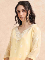 Load image into Gallery viewer, Yellow Chanderi Handloom woven A-Line Kurti, Pant and Dupatta Set