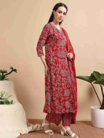 Load image into Gallery viewer, Red Fancy Cotton Floral Printed Anarkali Kurti,Pant and Dupatta Set