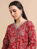 Load image into Gallery viewer, Red Fancy Cotton Floral Printed Anarkali Kurti,Pant and Dupatta Set