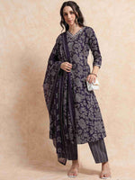 Load image into Gallery viewer, Indigo Fancy Cotton Floral Printed Anarkali Kurti,Pant and Dupatta Set