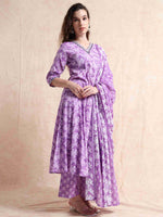 Load image into Gallery viewer, Lavender Fancy Cotton Floral Printed Anarkali Kurti,Pant and Dupatta Set