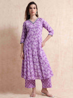 Load image into Gallery viewer, Lavender Fancy Cotton Floral Printed Anarkali Kurti,Pant and Dupatta Set