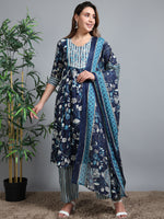 Load image into Gallery viewer, Navy BlueSummer Bloom Cotton Kurti Set