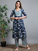 Load image into Gallery viewer, Navy BlueSummer Bloom Cotton Kurti Set