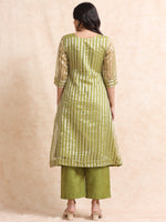 Load image into Gallery viewer, Olive A-Line Tissue Banarasi Broad Stripe Fancy Premium Kurti Set