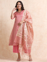 Load image into Gallery viewer, Pink A-Line Tissue Banarasi Broad Stripe Fancy Premium Kurti Set