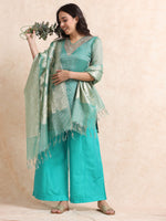Load image into Gallery viewer, Sea Green Solid Luxury Banarasi Tissue Anarkali Kurta Set