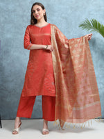Load image into Gallery viewer, Woman wearing a red kurta with palazzo pants and a matching dupatta against a gray background