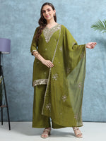 Load image into Gallery viewer, Olive Green Mulchanderi Straight Cut Suit Set with Hand Embroidery