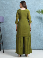 Load image into Gallery viewer, Olive Green Mulchanderi Straight Cut Suit Set with Hand Embroidery