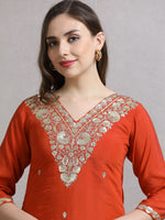 Load image into Gallery viewer, Saffron Mulchanderi Straight Cut Suit Set with Hand Embroidery