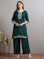 Load image into Gallery viewer, Emerald Green Embroidered Kurta Palazzo Set with Dupatta