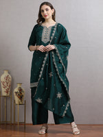 Load image into Gallery viewer, Emerald Green Embroidered Kurta Palazzo Set with Dupatta