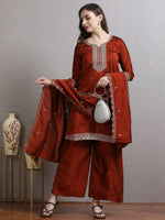 Load image into Gallery viewer, Rust Orange Fancy Shimmer Silk Kurti Set With Plazzo pant