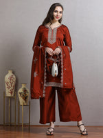 Load image into Gallery viewer, Rust Orange Fancy Shimmer Silk Kurti Set With Plazzo pant