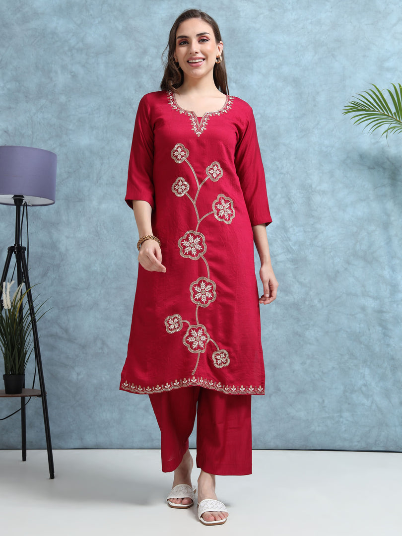 Hot Pink Straight Cut Fancy Suit Set with Manual Embroidery