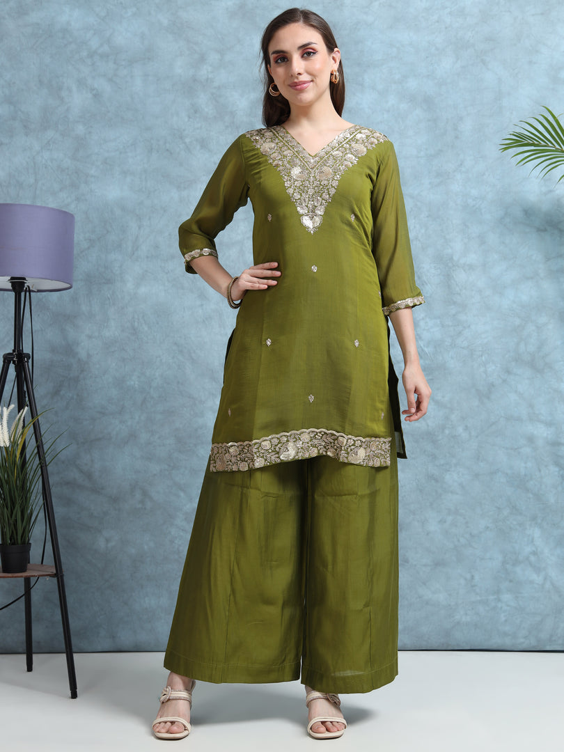 Olive Green Mulchanderi Straight Cut Suit Set with Hand Embroidery