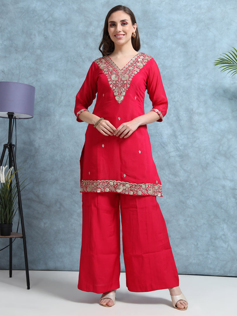 Hot Pink Mulchanderi Straight Cut Suit Set with Hand Embroidery