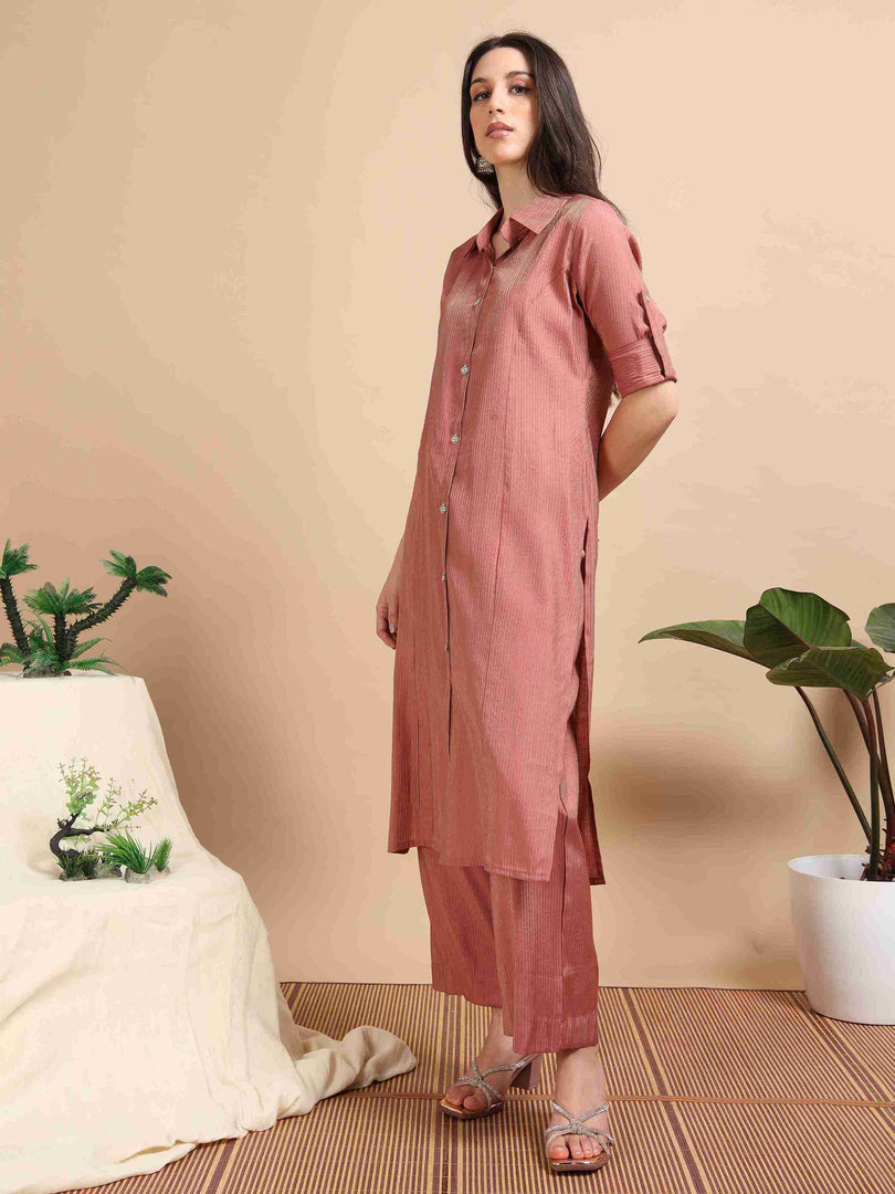 Peach Button-Down Vetican Kurta And Wide-Leg Pant Co-ord Set