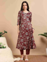 Load image into Gallery viewer, Maroon Vatican Shimmer Floral Printed Anarkali Kurta, Solid Pants &amp; Printed Dupatta Set
